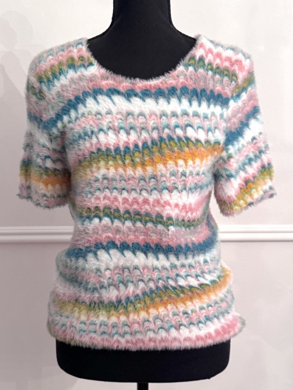 Anthropologie Eyelash Knit Sweater M Multicolor Chevron Fuzzy Short Sleeve